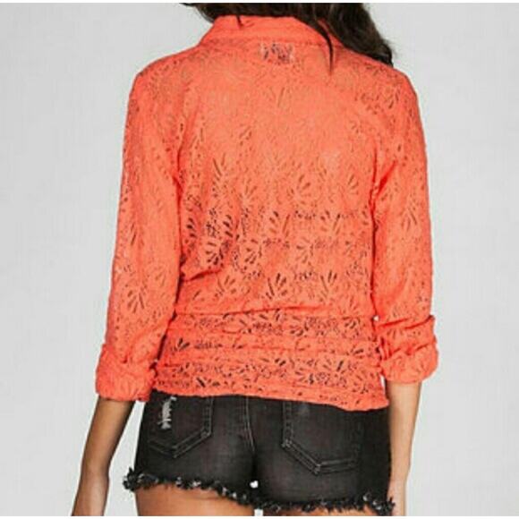 Volcom Oxford coral lace crochet long sleeve button-up Blouse Size L - Picture 3 of 6